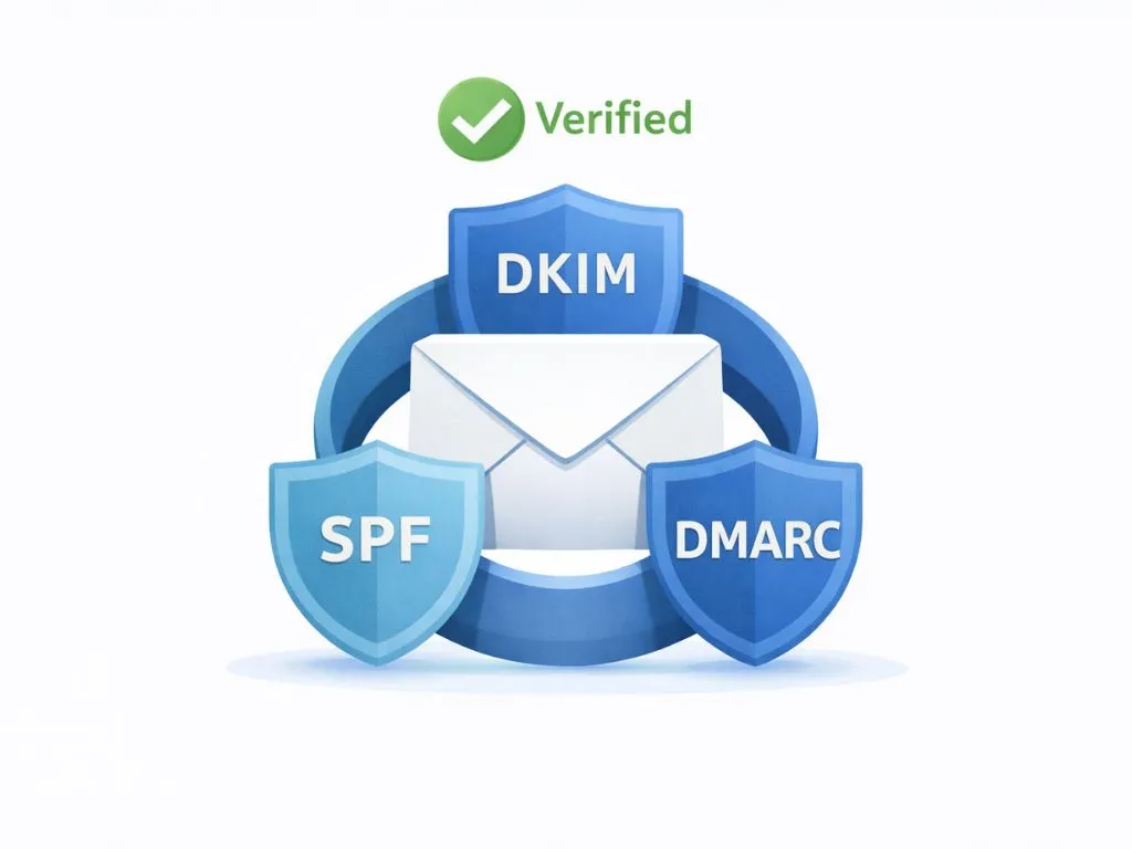  Illustration of SPF, DKIM, and DMARC acting as security shields around an email.
