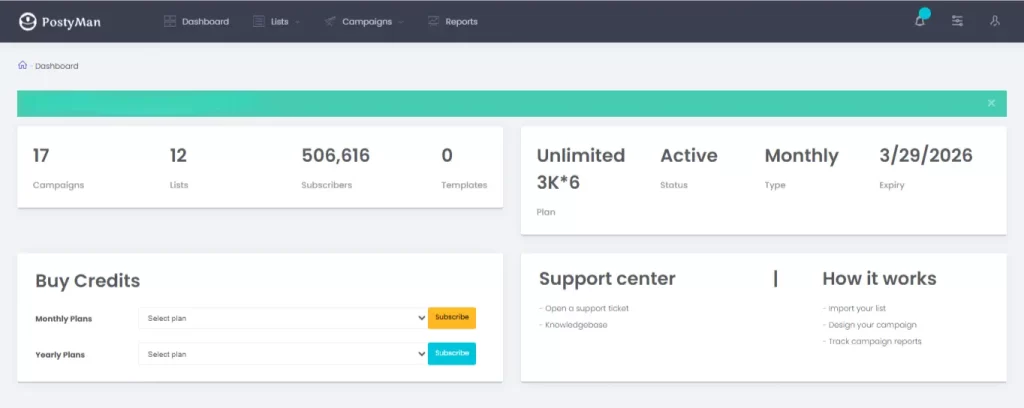 PostyMan software dashboard showing a positive inbox placement score.