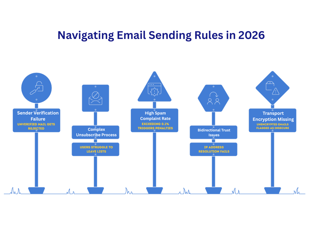 Email sending rules in 2026 highlighting verification failures, unsubscribe issues, spam complaint limits, trust/IP problems, and missing encryption.