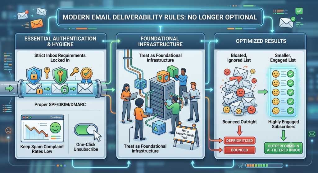 Modern email deliverability rules showing SPF, DKIM, DMARC authentication, email infrastructure, and optimized inbox results.
